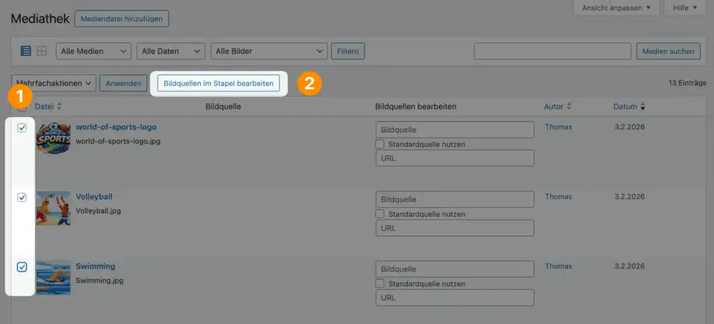 Hervorhebung der Schritte, um Bildquellen in der Mediathek Listenansicht als Stapel zu verarbeiten.