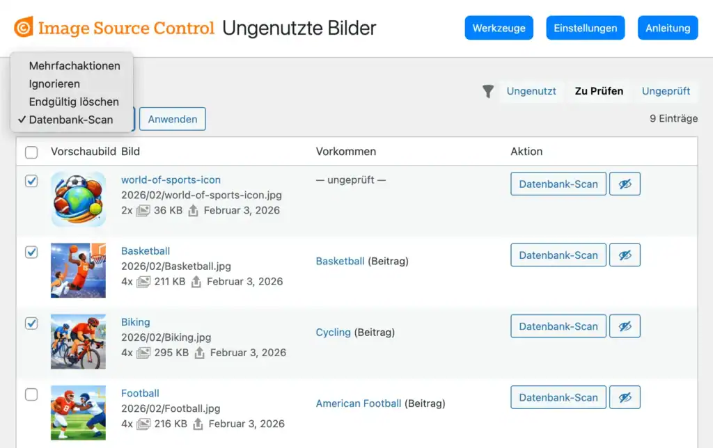 Mehrfachaktionen für Ungenutzte Bilder, darunter Löschen von Bildern oder Datenbank-Scan ausführen.