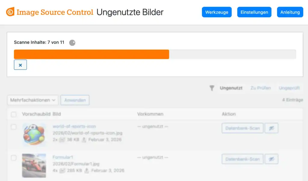 Der Scanner unter Medien > Ungenutzte Bilder durchsucht den Inhalt einer Website.