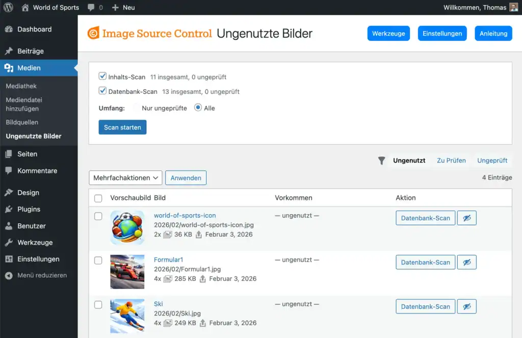 Übersicht ungenutzter Bilder in WordPress