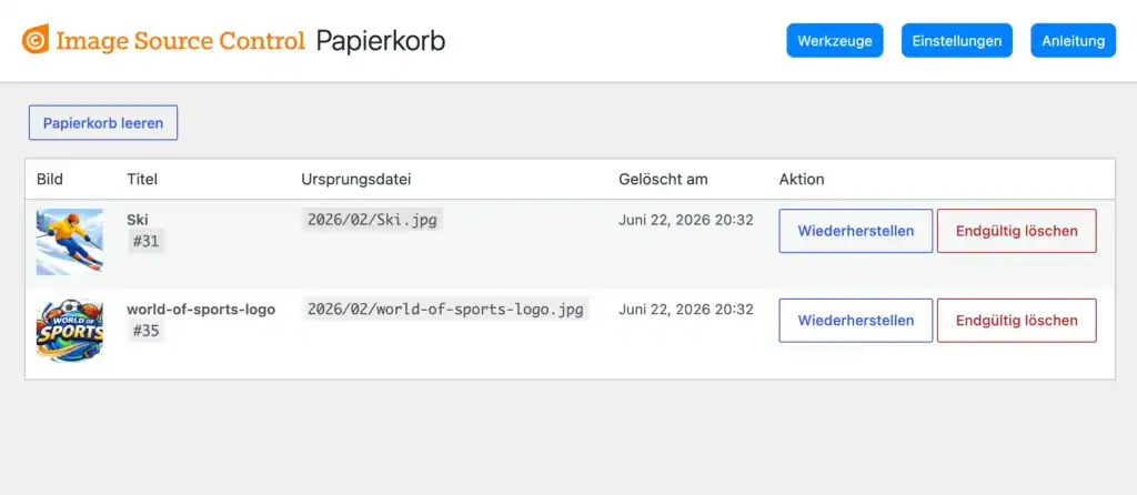 Der Mediathek-Papierkorb in WordPress mit zwei Beispielen von gelöschten, aber noch nicht vollständig entfernten Bildern.