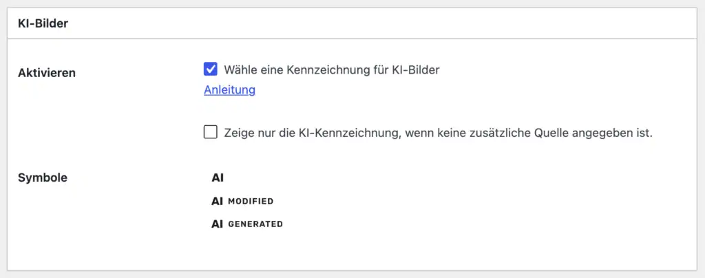 Optionen zur Kennzeichnung KI-generierter Bilder in den Einstellungen von Image Source Control