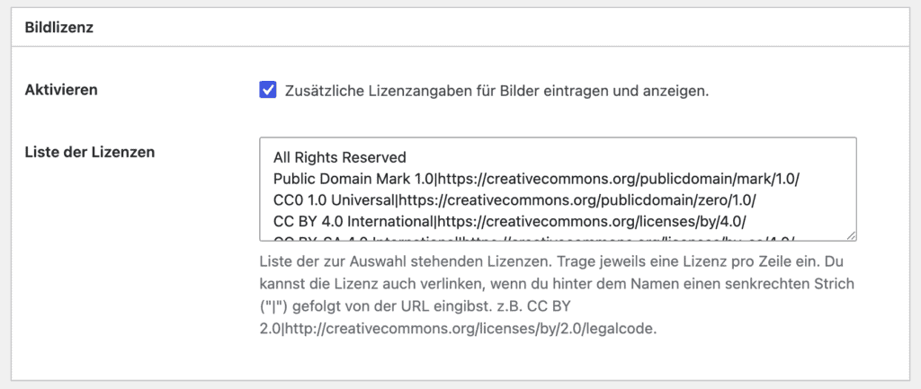 Die Einstellungen für die Bildlizenzen im WordPress-Plugin Image Source Control